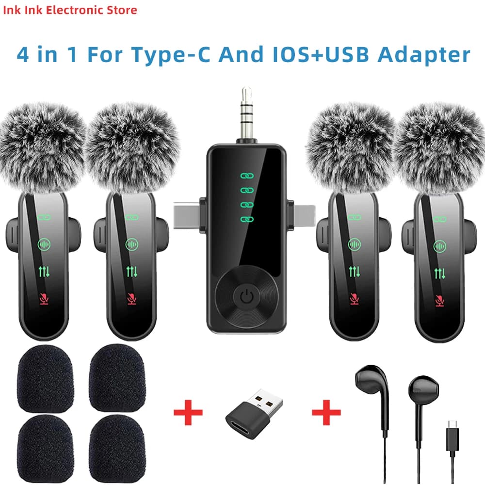 Pink 4 in 1 Lavalier Microphone Noise Cancelling Wireless With Wind Muff Lapel Mic For iPhone Android Camera 4 Pack LED Display