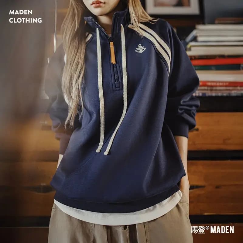 Maden Women’s Vintage Navy Half-zip Sweatshirt Stand Collar Pullover Long Sleeve Preppy Style Cotton Retro Casual Tops Fall