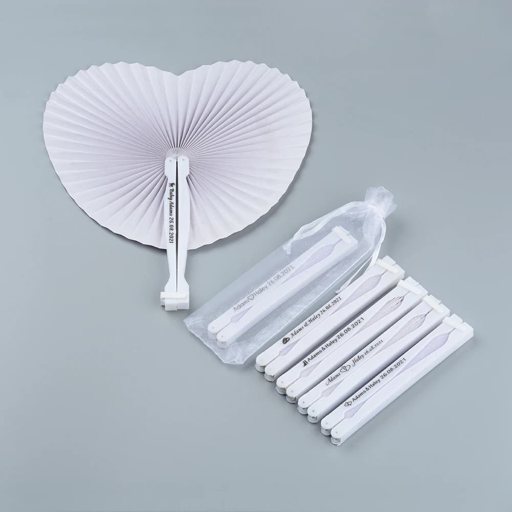 20/30Pcs Personalized Custom White Wedding Heart Paper Fan for Party Souvenirs Engagement Baby Baptisms Guest Gifts Any Logo