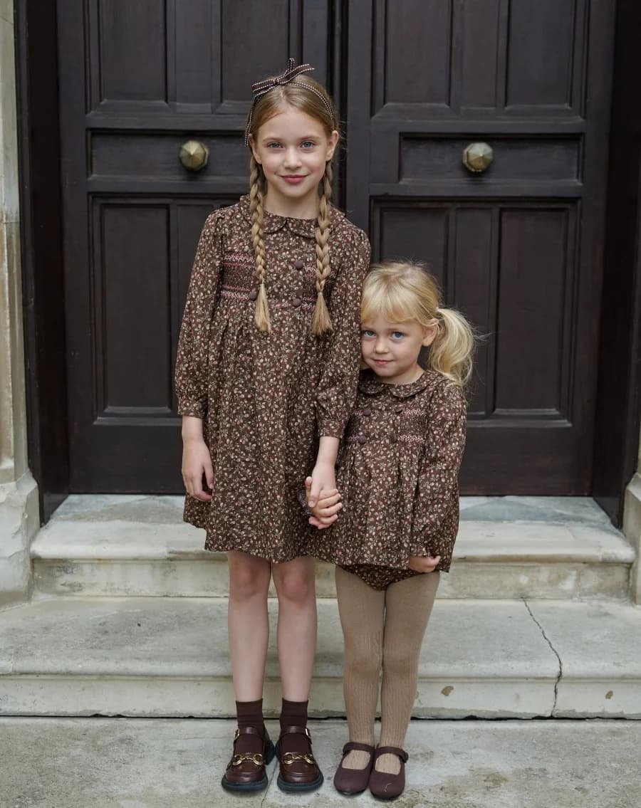 AS AW26 Brown Floral Collection shabbos cotton girls print Smocking dress knit Boys family match clothes