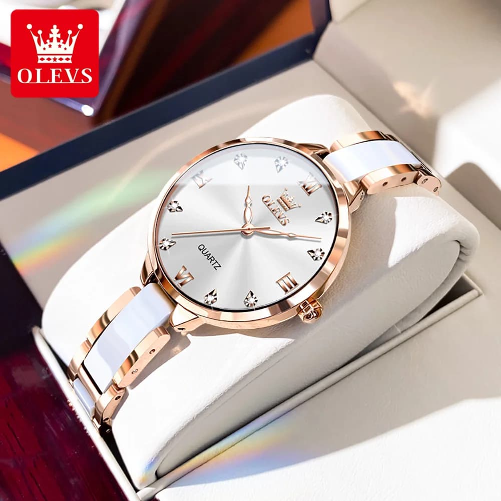 OLEVS 5872 Luxury Women's Watches Elegant Fashion Ceramic Strip Waterproof Japan Imports Quartz Watch Dress Lady Watch Simple