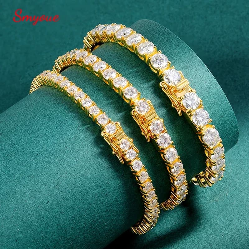 Smyoue 18k Gold Plated Moissanite Tennis Bracelet for Women 3/4/5mm Classic 925 Sterling Silver Certified Bracelet for Men Chain