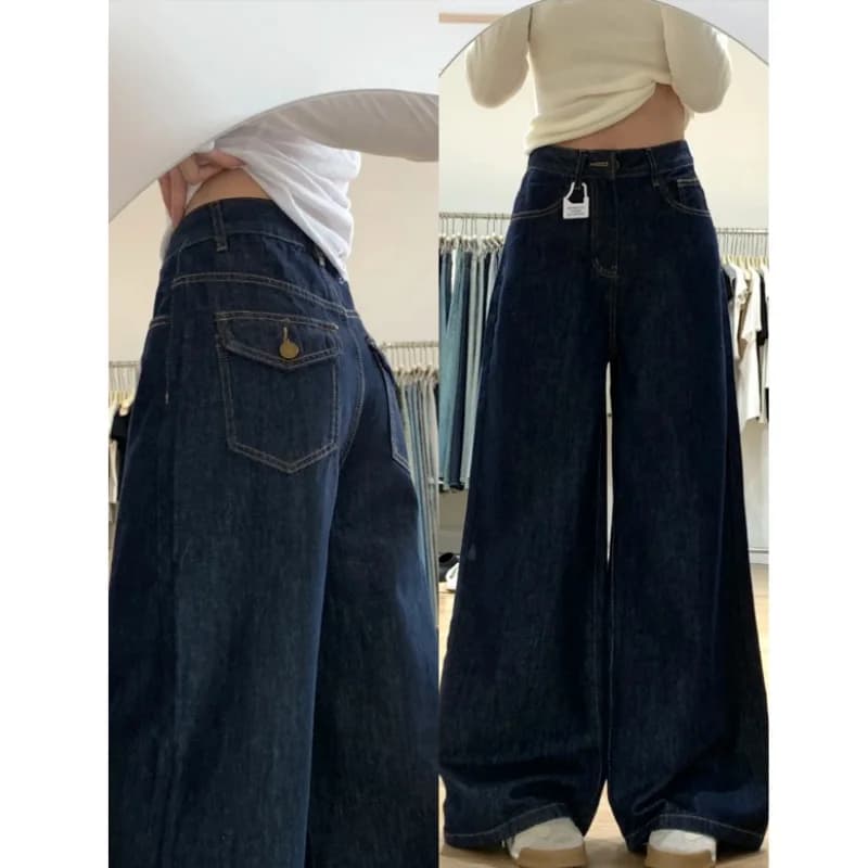 High Waist Wide Leg Blue Jeans Women plus Size Pear Shape Body American Style Loose Floor Length Straight Cut Denim Pants
