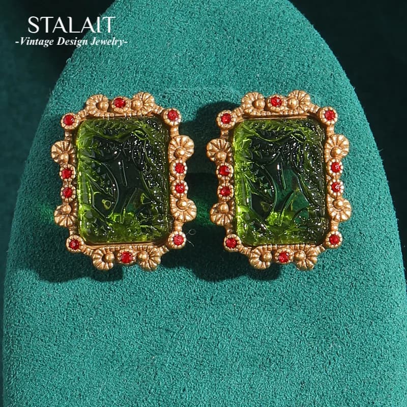 Rectangle Gold Color Green Earrings Studs Antique Relief Palace Glass Luxury Woman Elegant Wedding Charm Vintage Jewelry 2025