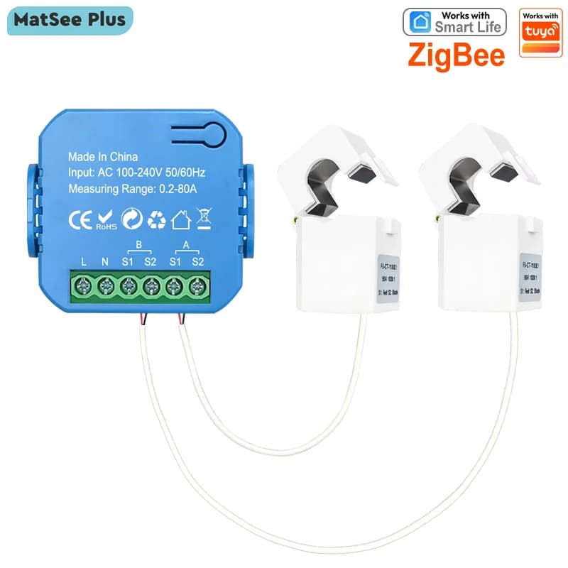 Smart ZigBee Bidirectional Energy Meter 2 Channel with 80A Clamp App Monitor Solar Export and Import Power AC100V/240V