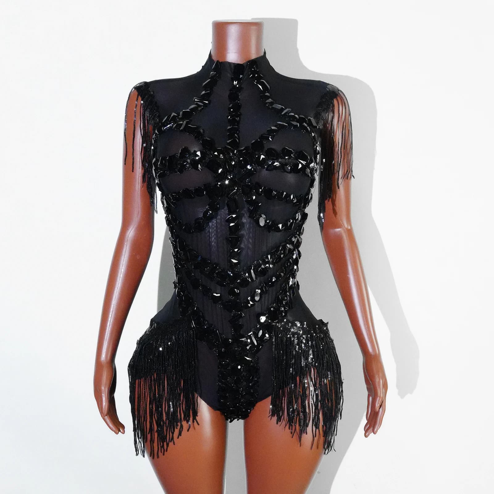 Sexy Mesh Sheer Black Rhinestone Tassel Bodysuit Women Singer Dancer Stage Show Outfit Nightclub Leotard Party Performance Wear