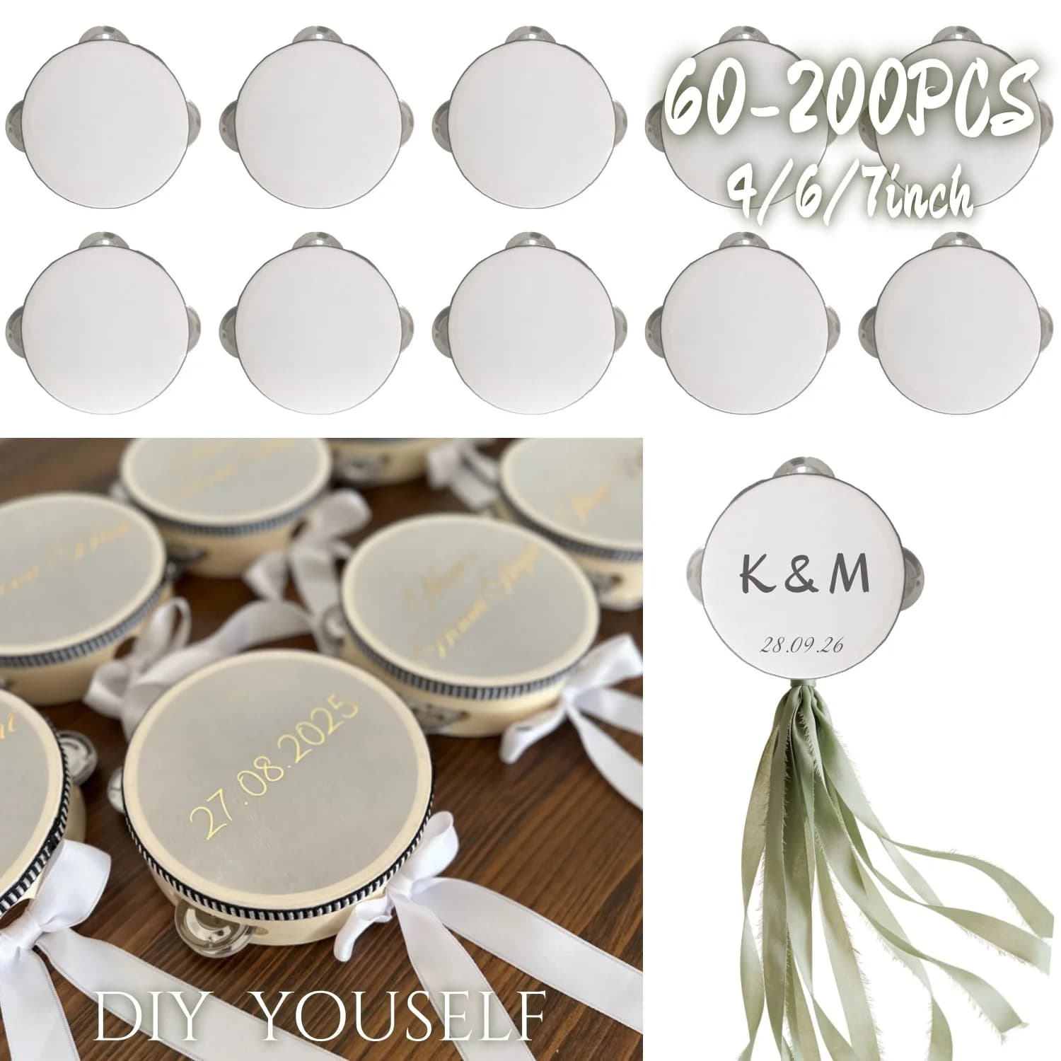 60-200PCS Wedding Tambourine Drum Noise Makers Dance Floor Props Wedding Party Guest Gifts 4-7inch