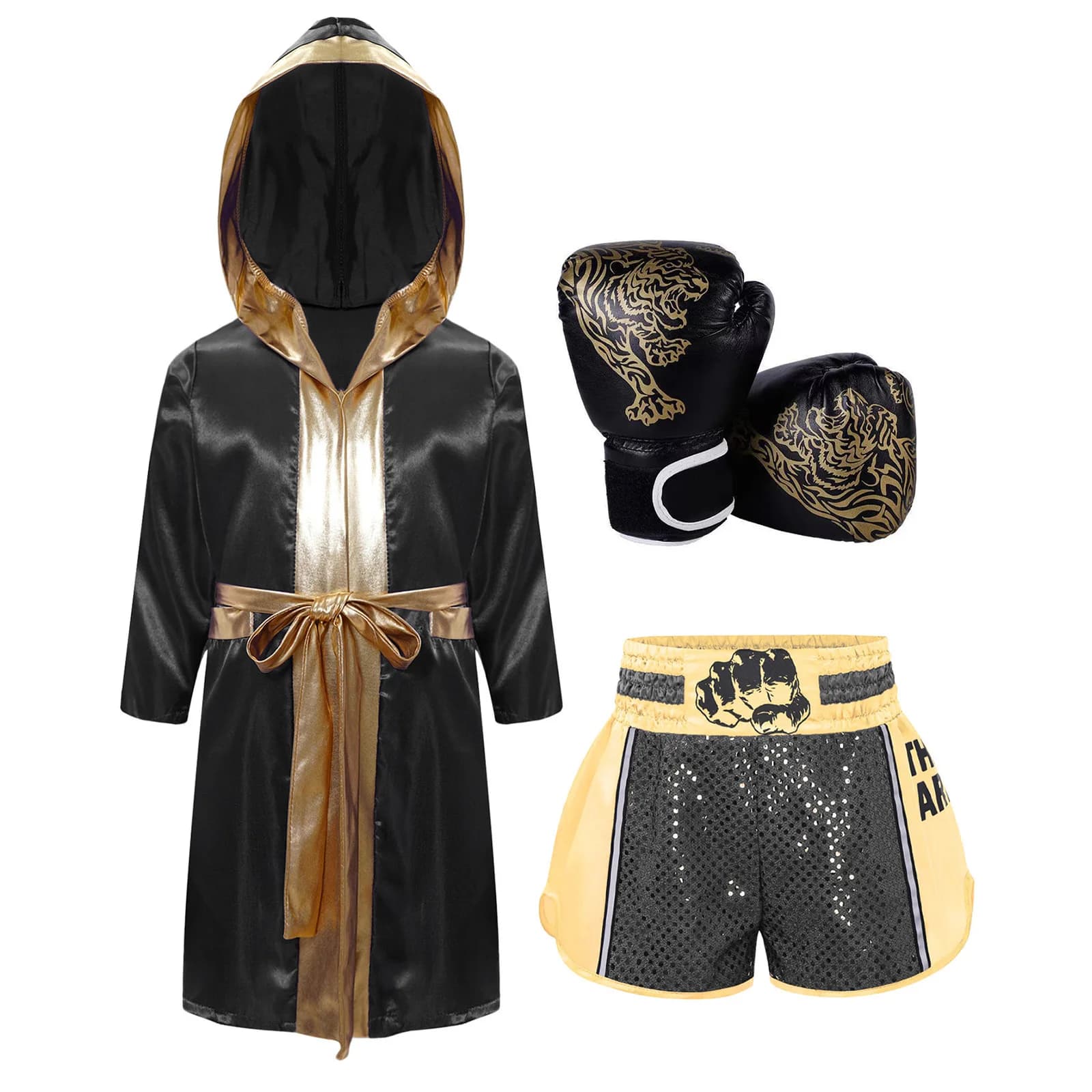Boys Girls Halloween Carnival Boxer Dress Up Costume Boxing Robe Outfit Long Sleeve Satin Pugilism Hooded Cloak with Belt Shorts