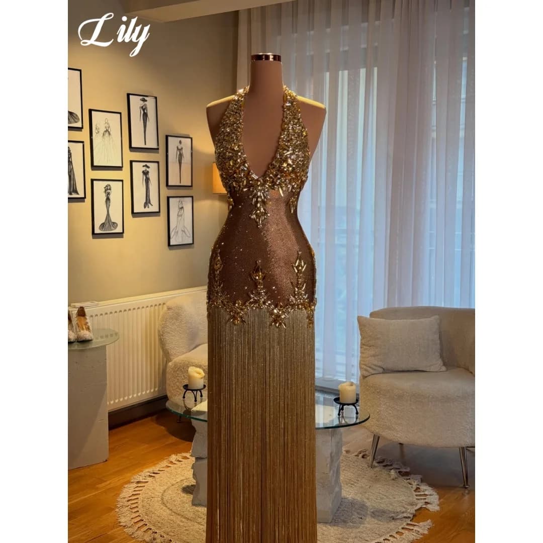 Lily Gold Prom Dress Luxury Heavy Rhinestone Crystal Embellished Evening Dress Long Beaded Fringe Tassel Party Gown Customized