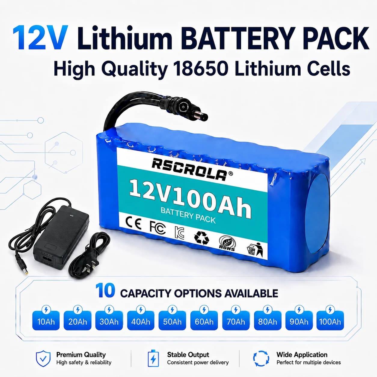12V 10Ah-100Ah 18650 Li-ion Battery Pack Built-in BMS + Free Charger Deep Cycle Replace Lead Acid for Solar LED RC Power Supply