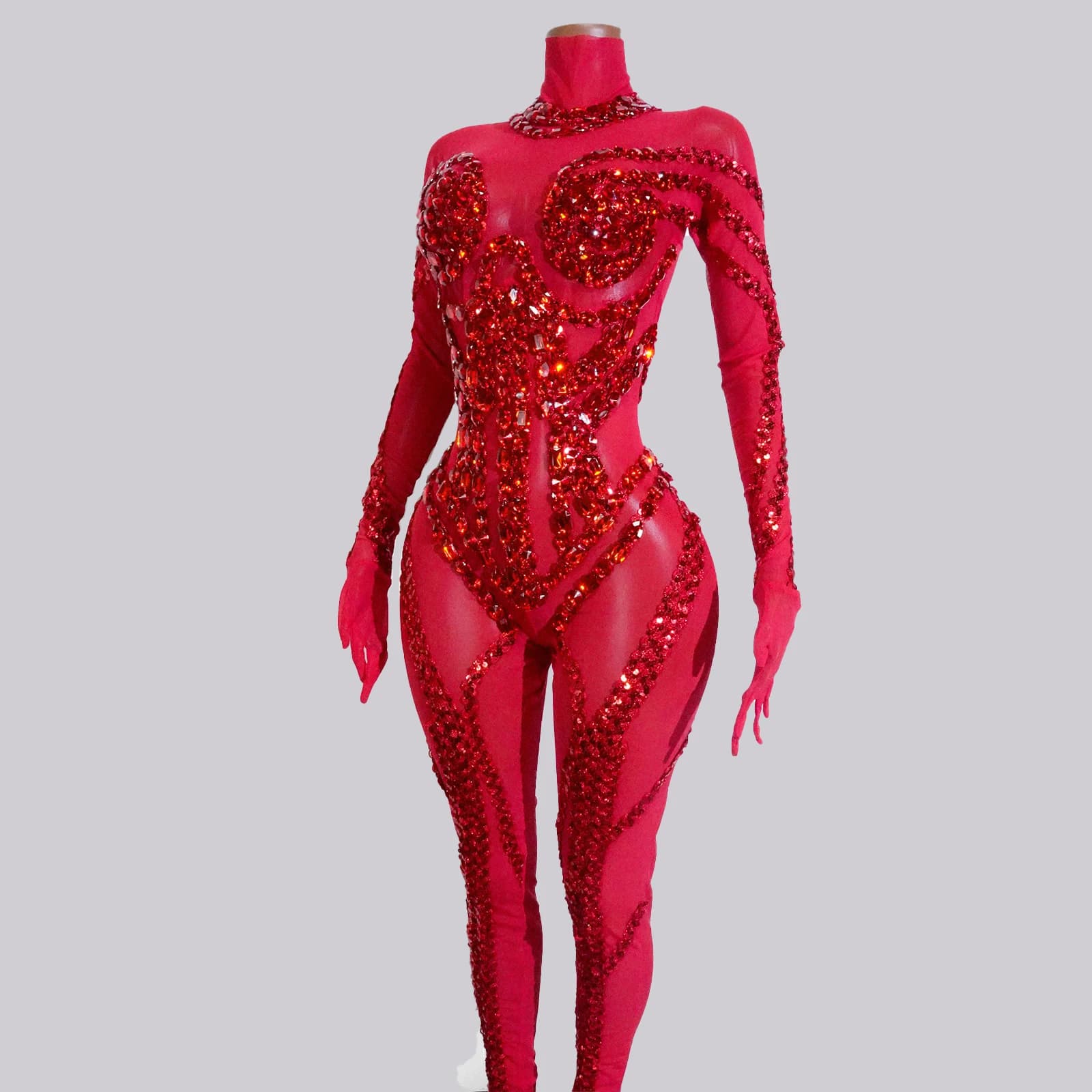 Showgirl Costume See-through Glitter Red Rhinestone Jumpsuits Sequins Stage Club Wear Dance Performance Party Gogo Outfit Drag