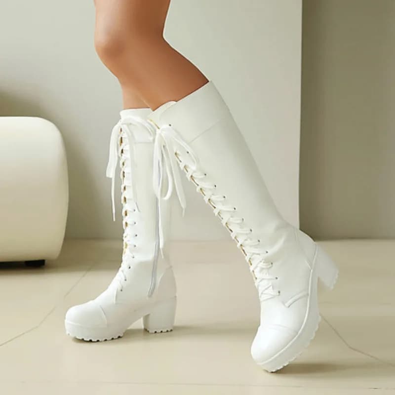 Womens Knee High Lace Up Combat Boots Chunky Platform Goth Boots Plus Size 34-48