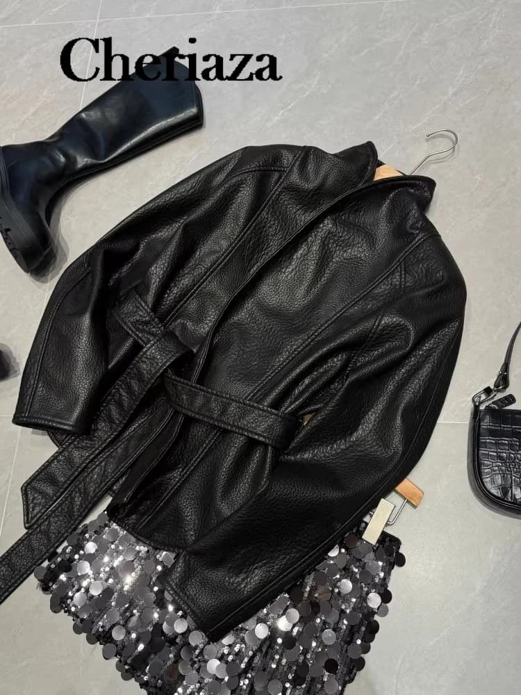 Leather Belted Wrap Jacket Faux Leather V-Neck Long Sleeve 2026 Spring Fashion Women Outerwear Casual Chic Lady Coats