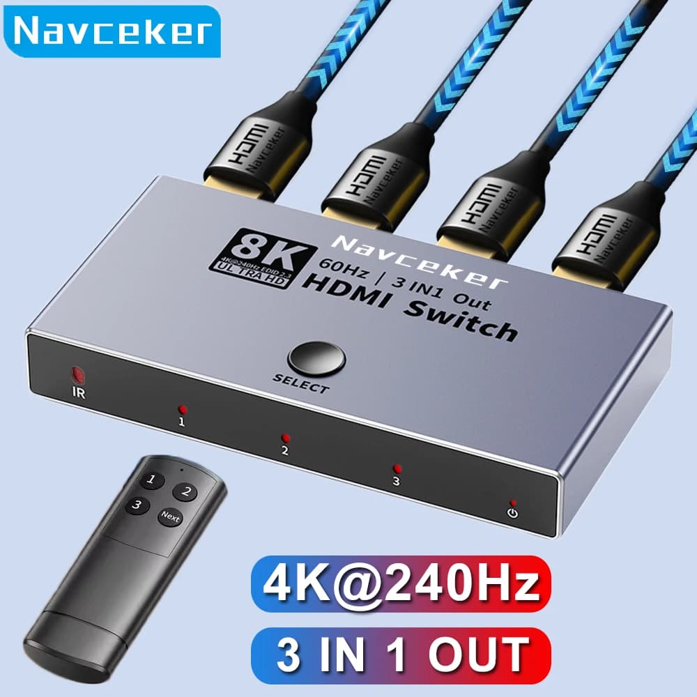 Navceker 8K HDMI 2.1 Switch Splitter 4K 240Hz 3 Inputs 1 Output 3 Port HDMI Switcher with Remote for PS5 Xbox Series X Apple TV