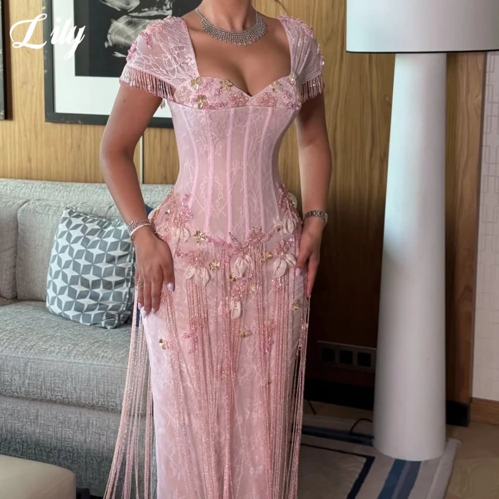 Lily Pink Lace Corset Mermaid Prom Dress 3D Flower Beading Evening Dress Long Fringe Tassel Floor Length Party Gown Customized