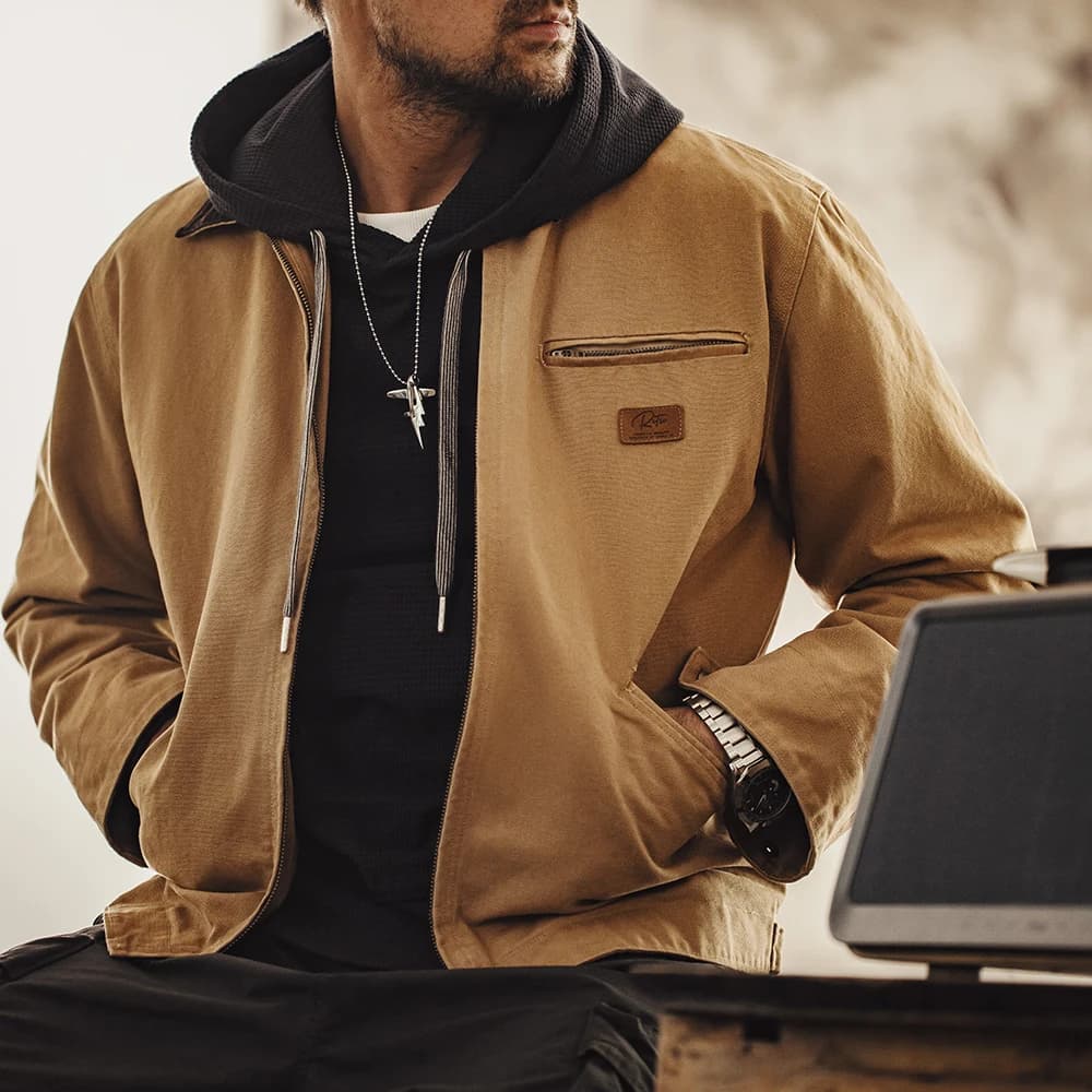 Maden Men's Retro J001 Detroit Jacket Heavyweight Canvas Hunting Coat Lapel Collar Work Jackets with Zipper for Spring Fall