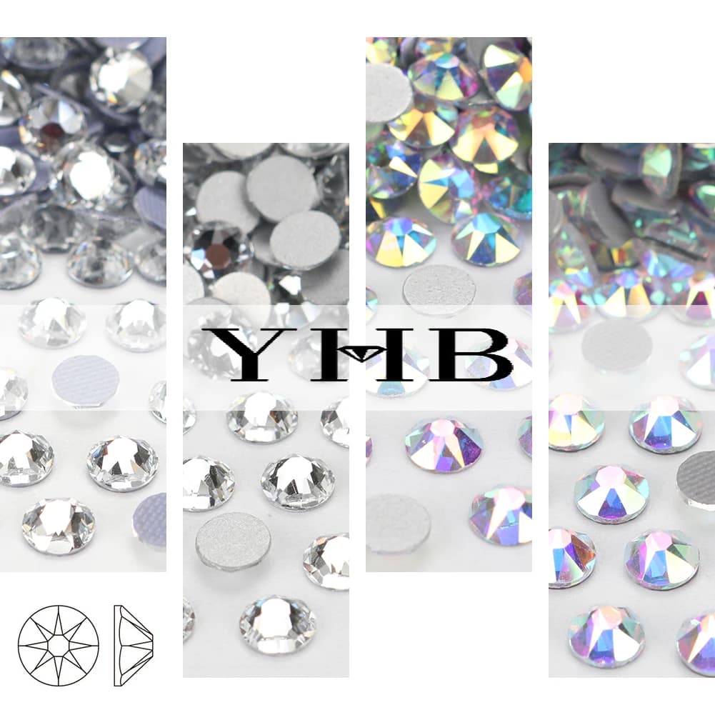 YHB 2088 High Quality 16facet Hotfix Non-Hofix Cold Fixation White Crystal AB Stass Flatback Rhinestones DiY Nail Art