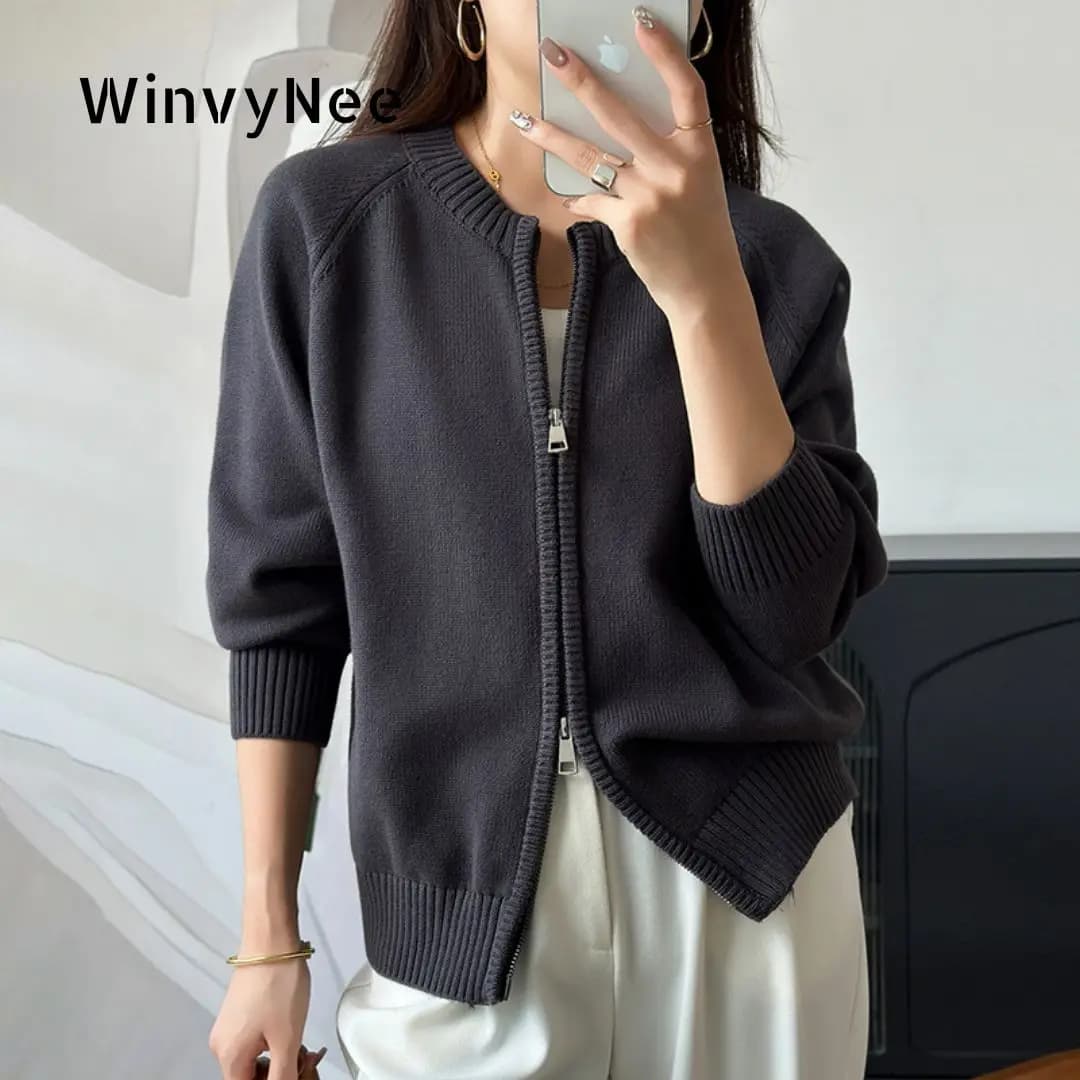 WinvyNee Women's Clothing 100% Cotton Solid Crew Neck Zip Loose Soft Thick Long Sleeve Cardigan Spring Knitted Outwear ZA1002018