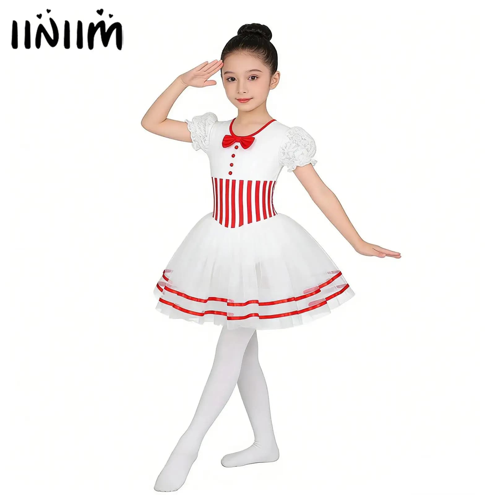 Kids Girls Christmas Ballet Lyrical Dance Costume Gymnastics Figure Skating Dress Puff Sleeve Twirling Leotard Ballet Tutu Dress