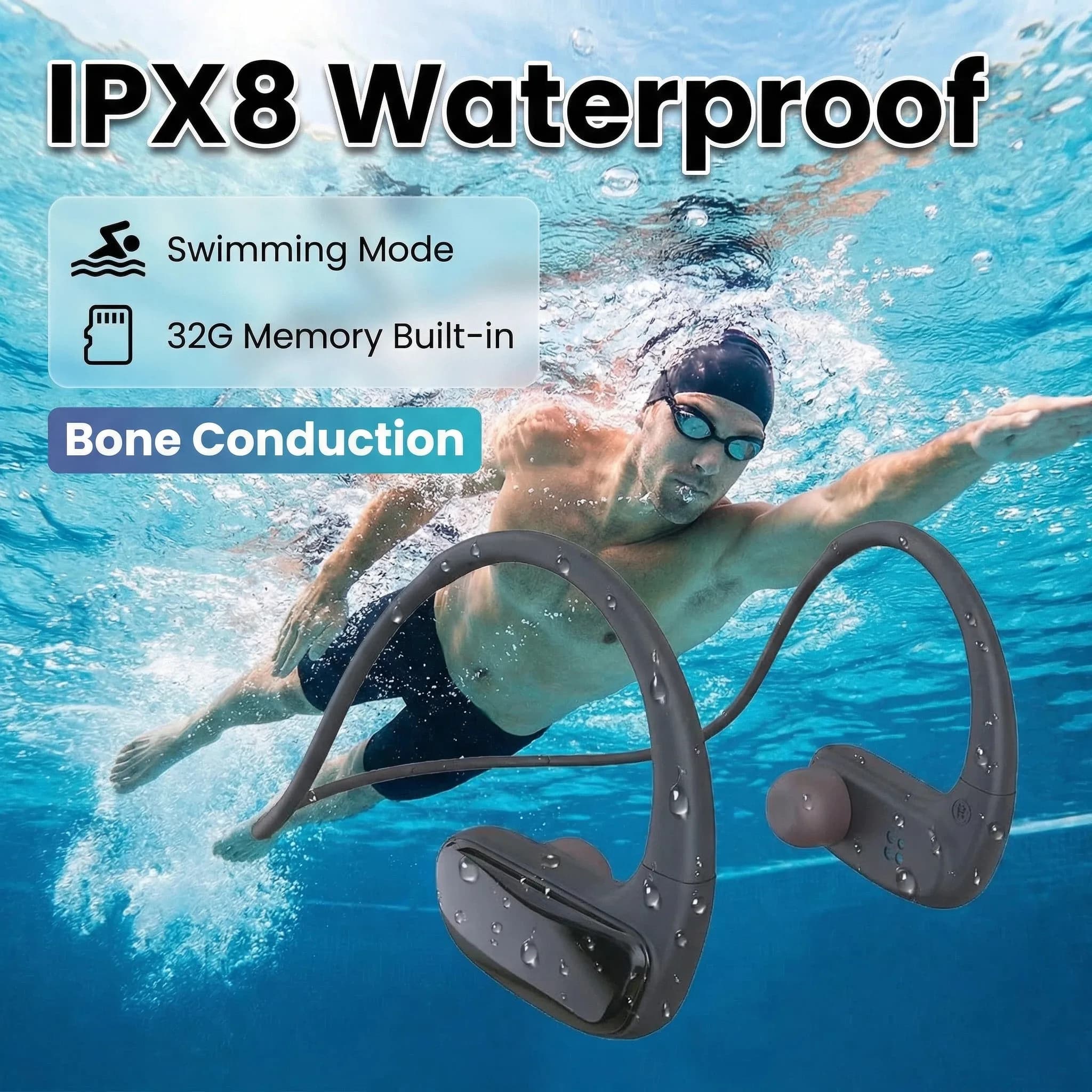 IPX8 Waterproof Bone Conduction Headphone Bluetooth5.3 Wireless Ear-hook Headset Built-in MP3 (32G) Sports Earphone For Swimming