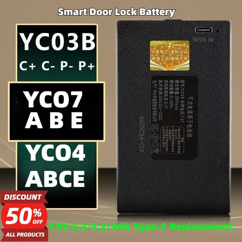 YC03A/B/C/E YC04A/B/C/E YC07A/B/C/E 7.4V 3.2/4.2/5Ah Lithium Smart Door Lock Battery Type-C Replacement A-grade Battery Cell