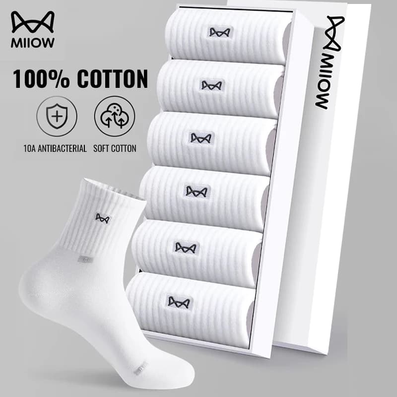 MiiOW 100% Pure Cotton Socks Men Business Dress Long Sock Black White Antibacterial Anti Odor Crew Socks Breathable Sport Sock