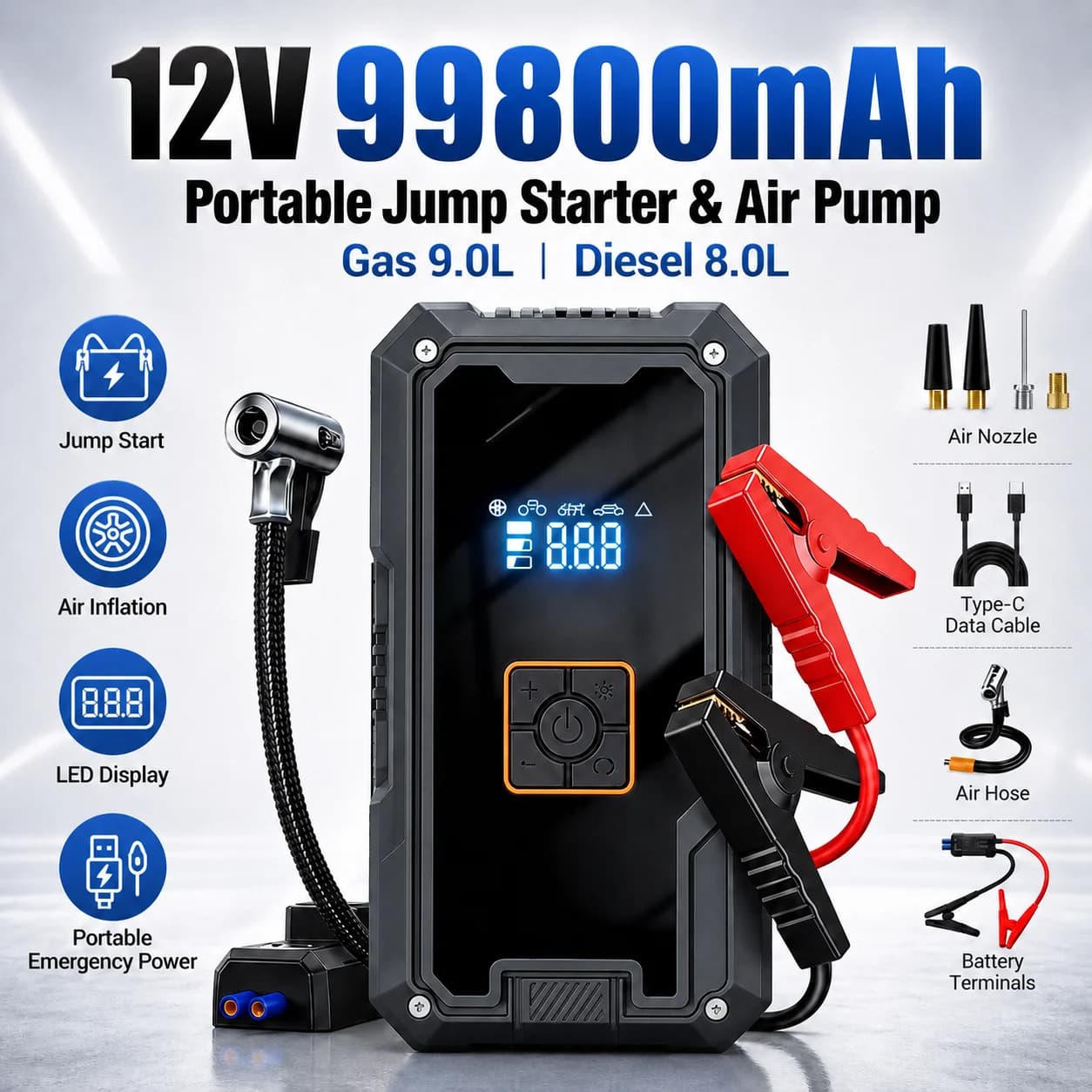 3000A 12V Car Jump Starter Air Compressor With Power Bank 99800mah Peak Portable Battery Starter 150PSI Air Pump With LED Light