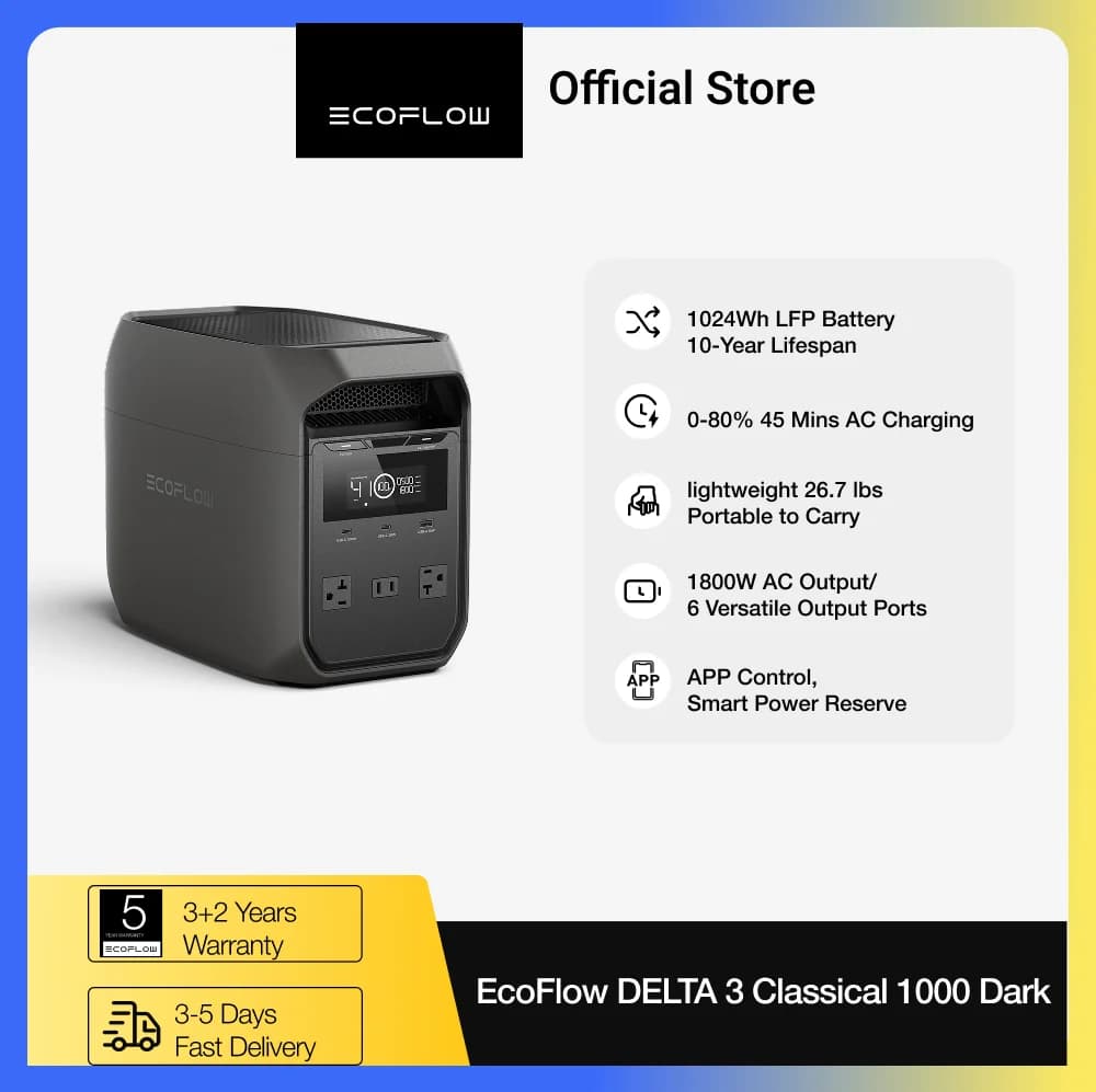 ECOFLOW Solar Generator DELTA 3 Classical Dark 1000, 1024Wh LiFePO4 Battery Portable Power Station, 1800W AC/100W USB-