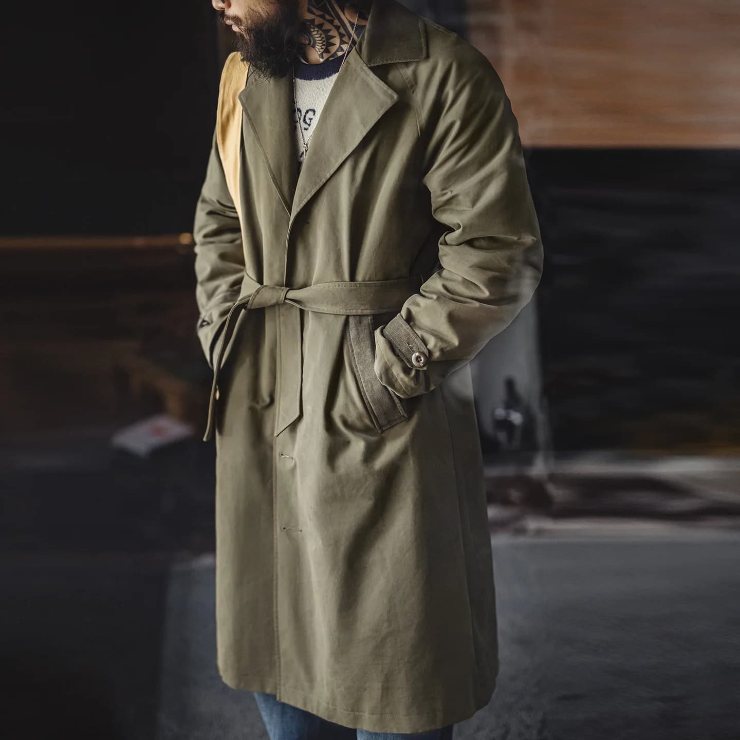 Maden Vintage Men‘s Military Green Trench Coat Mid-Length Corduroy Collar Pure Cotton Overcoat Single-Breasted Spring Autumn