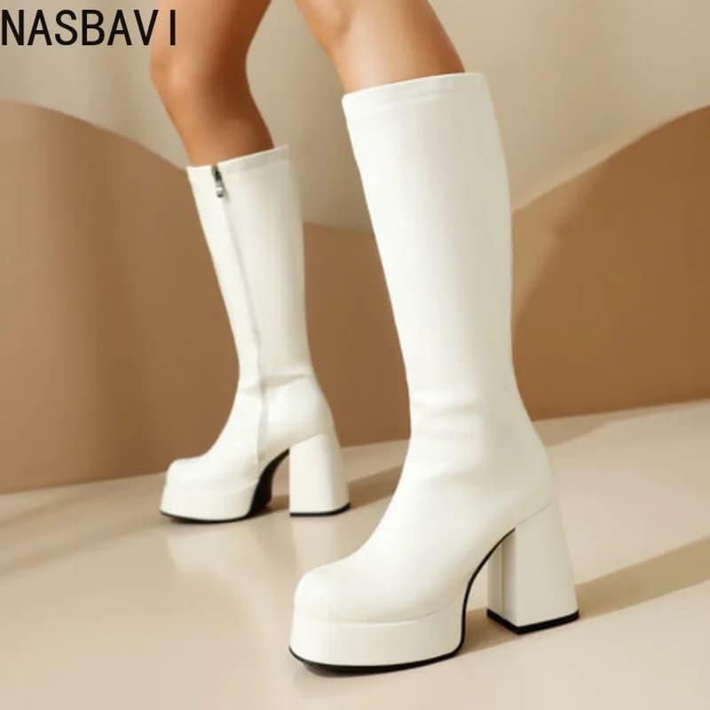 NASBAVI Glossy Patent Leather Upper Square Toe Super Thick Heel Plush Lining Women's Knee Boots Platform Side Zipper Boots 35-48