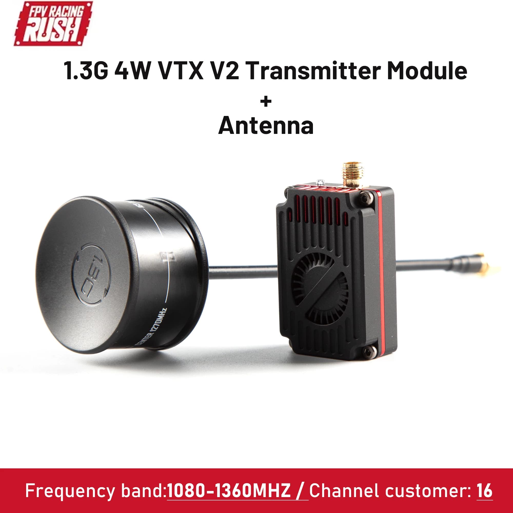 RUSHFPV 1.3GHz 4W VTX with SMA Omni-directional Antenna Support IRC Tramp Protocol Video Transmitter for RC FPV Long Range Drone
