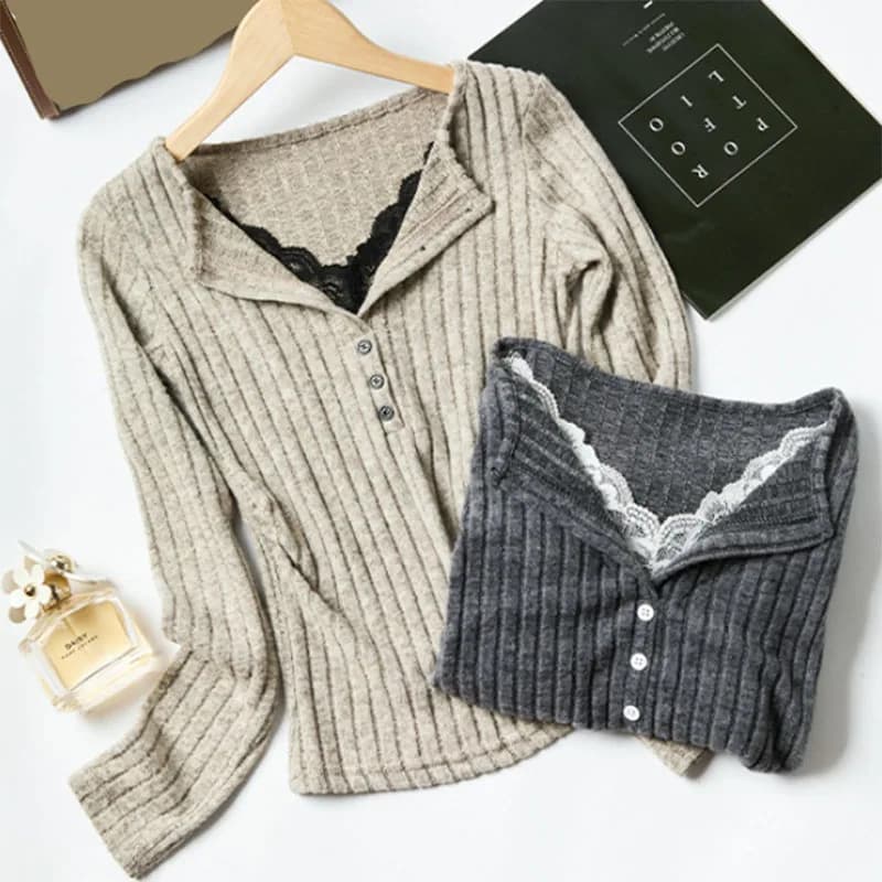 Vintage Y2K Lace Patchwork Sweater Women Korean Design Striped Knitted Jumpers Ladies Fashion Slim Elastic Bottoming Knitwear