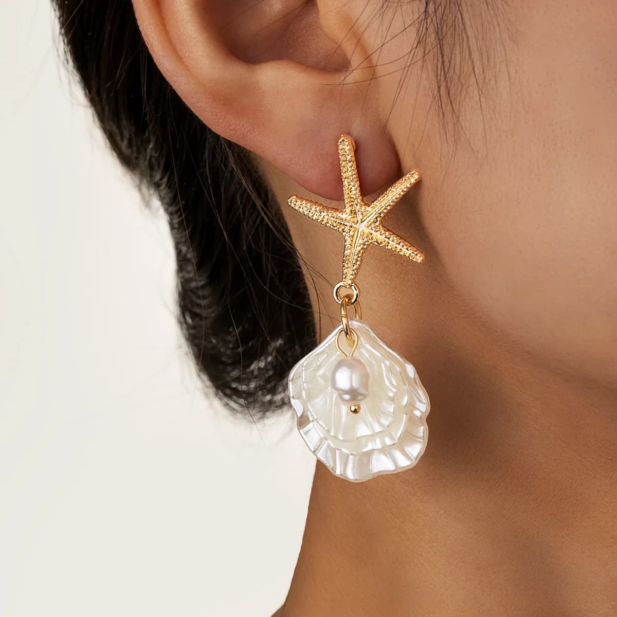 Summer Beach Vacation Style Alloy Starfish Pendant Imitation Pearl Scallop Tassel Earrings for Women Fashion Accessorie Jewerly