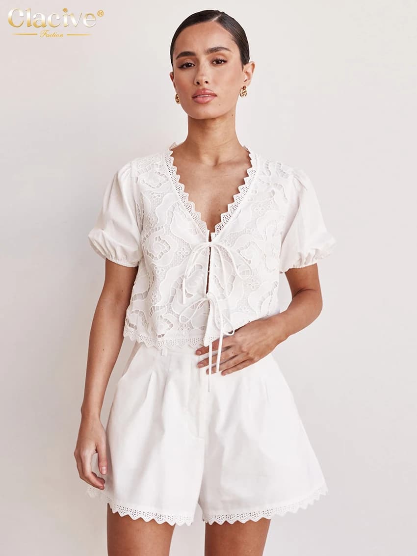 Clacive Sexy Loose White Cotton 2 Piece Sets Women Outfit 2025 Summer Short Sleeve Shirt With High Waist Shorts Set Streetwear