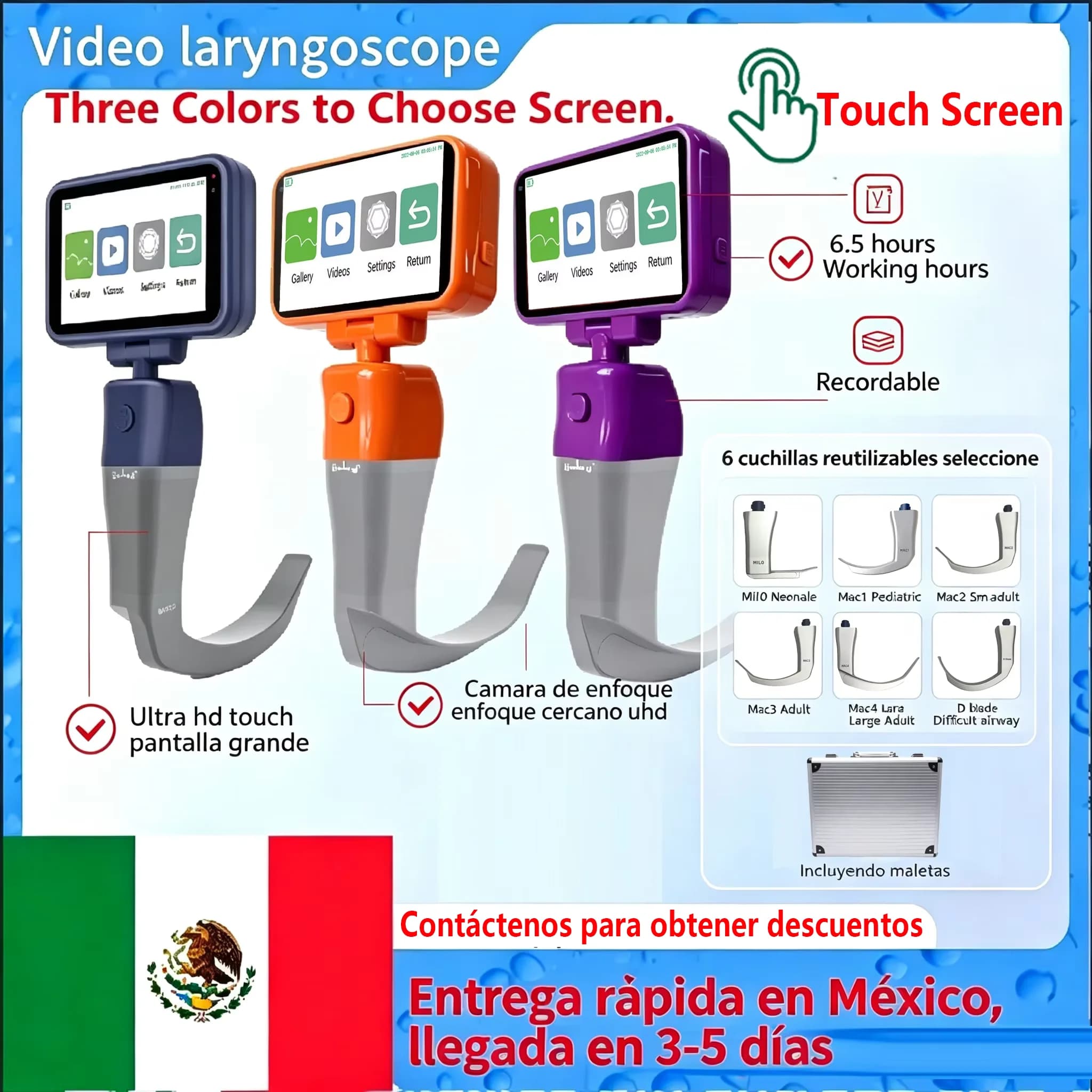 Mexico Warehouse Delivery 3.5 Inch Touch Screen Video Laryngoscope Reusable Sterilizable Blades Color Digital Laryngoscope