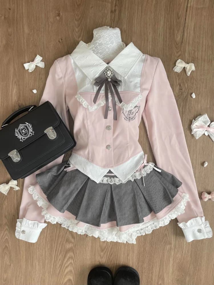 Spring Y2K Princess Outfits Women 2 Piece Sets Sweet Kawaii Bow Tops + Lace Pleated Skirt Female Retro Chic Preppy Style Clothes