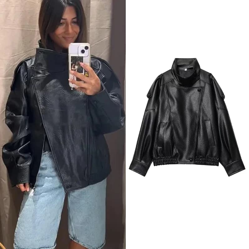 TFMLN Chic Black Faux Leather Jackets Women Long Sleeve Buttons Elastic Oversized Coats Fashion 2025 Autumn Winter Streetwear