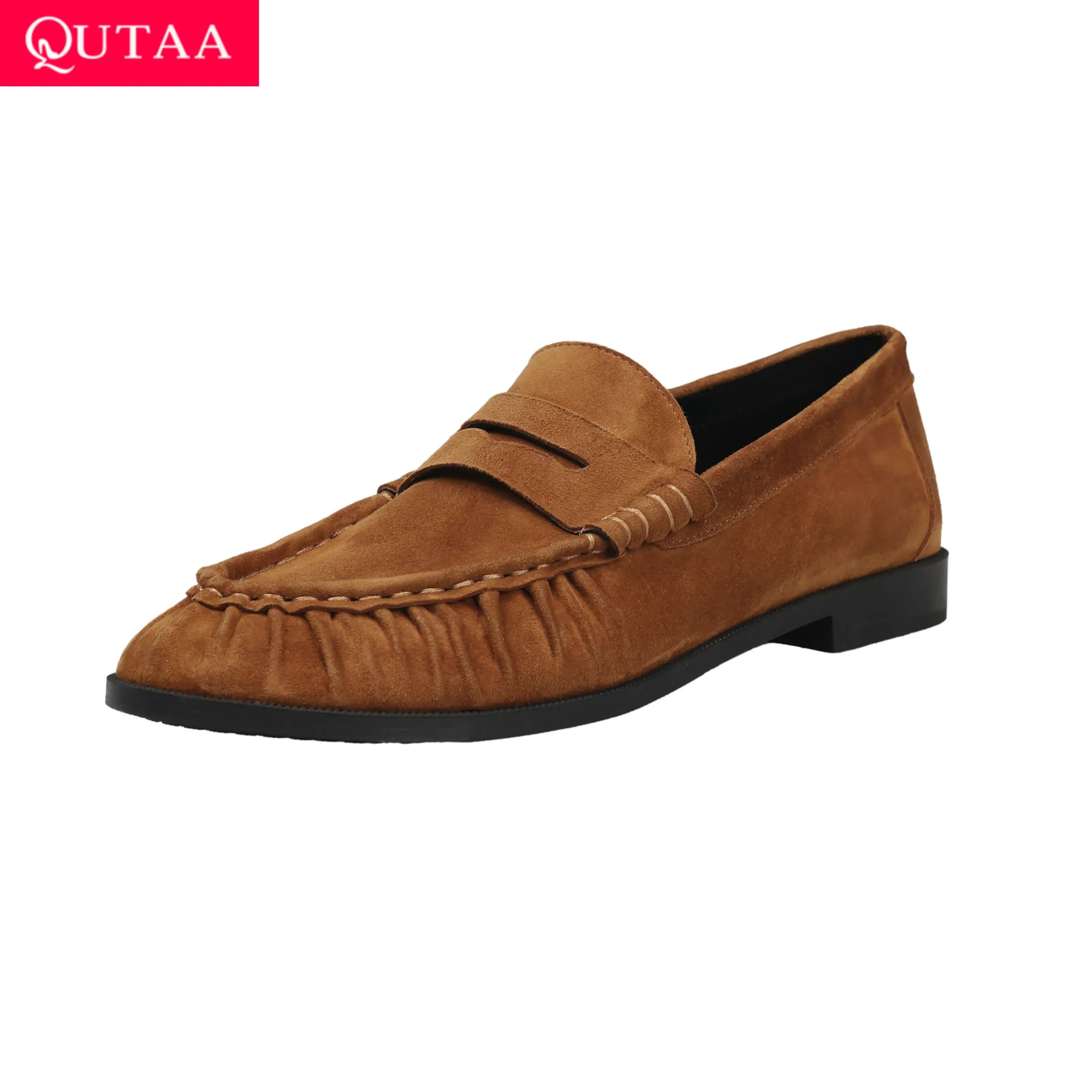 QUTAA Fashion Women Flats Shoes Woman Spring Loafers Genuine Leather Suede Casual Shoes Slip-on Round Toe Ladies Shoes 34-41