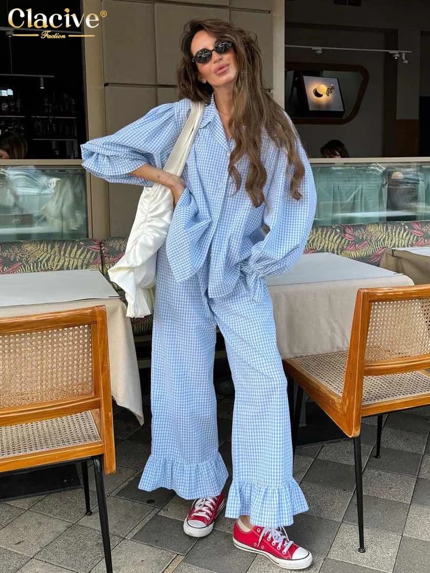 Clacive Fashion Loose Plaid Cotton Women's 3 Pieces Set 2025 Elegant Long Sleeve Shirt With High Wiast Wide Pants Set Female