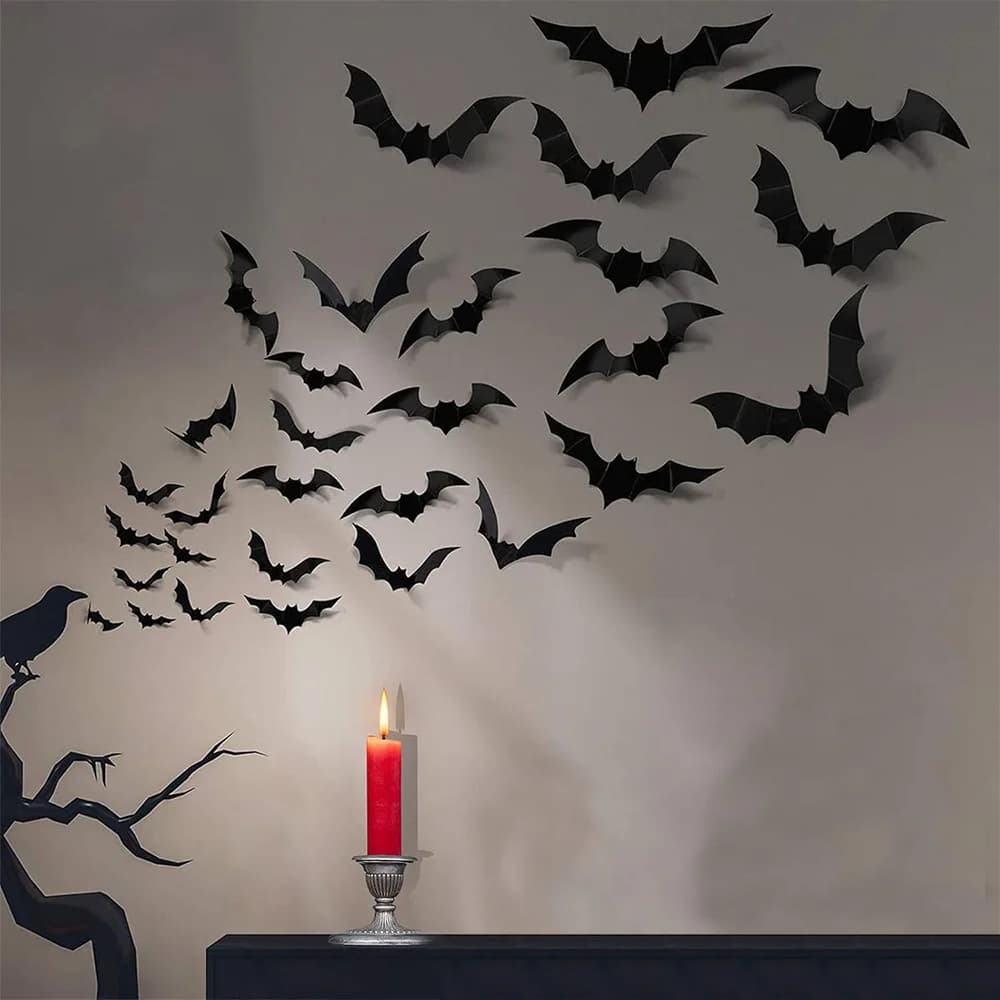 12pcs/Pack 3D Halloween Hanging Bats Wall Stickers DIY Bat Decorations Stickers for Home Decor Bathroom Indoor Party Supplies