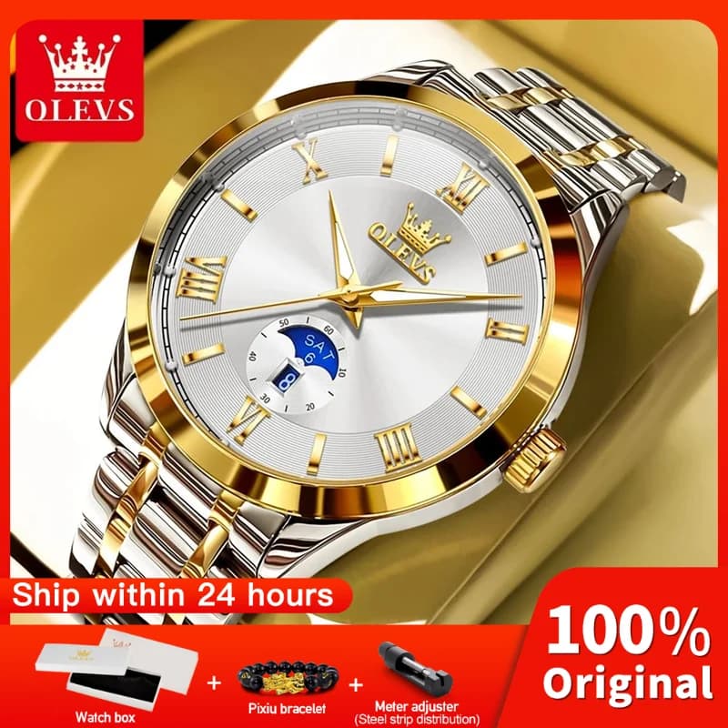 OLEVS 3638 Mens Watch Original Quartz Watch Stainless Steel Waterproof Luminous Large Dial Day Date Watches Luxury Men Box Reloj