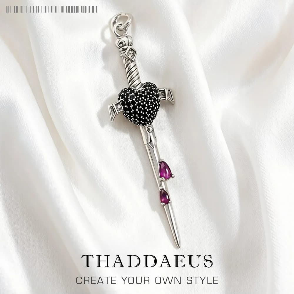 Heart Sword Pendant with Black and Red Stones 925 Sterling Silver Jewelry Europe Style Accessorie Vintage Gift For Woman Men