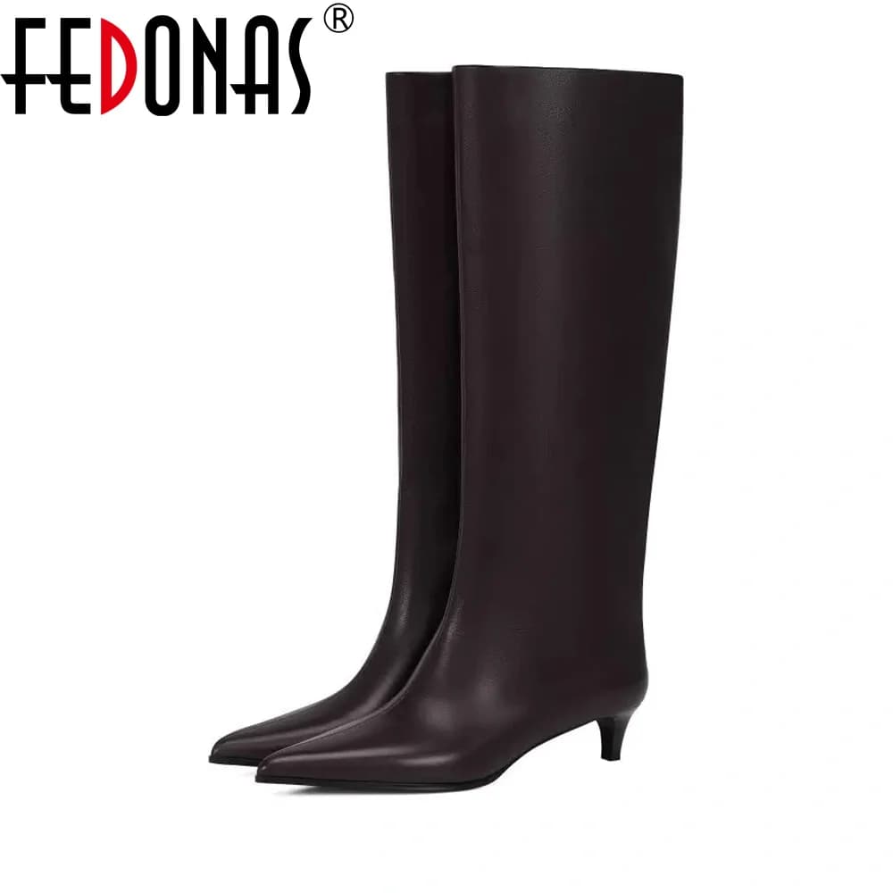 FEDONAS Ins New Women Genuine Leather Knee High Boots Kitten High Heels Warm Autumn Winter Long Knight Boots High Boots Shoes