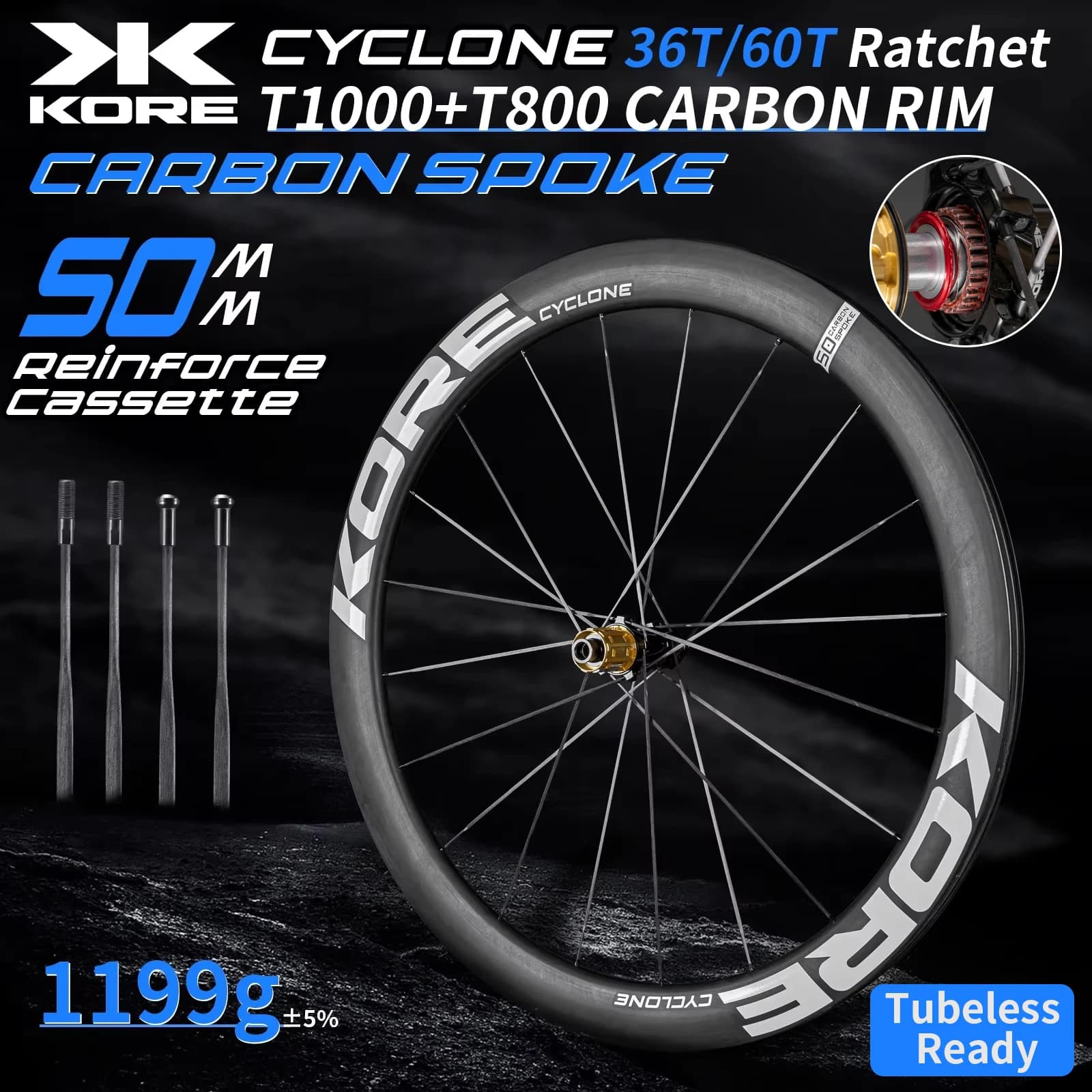 KORE Carbon Spoke Wheelset-50mm-T1000 Carbon Rims 36T/60T Ratchet Hub XDR/HG 700C Design for Ultra-Light Road Racing Performance