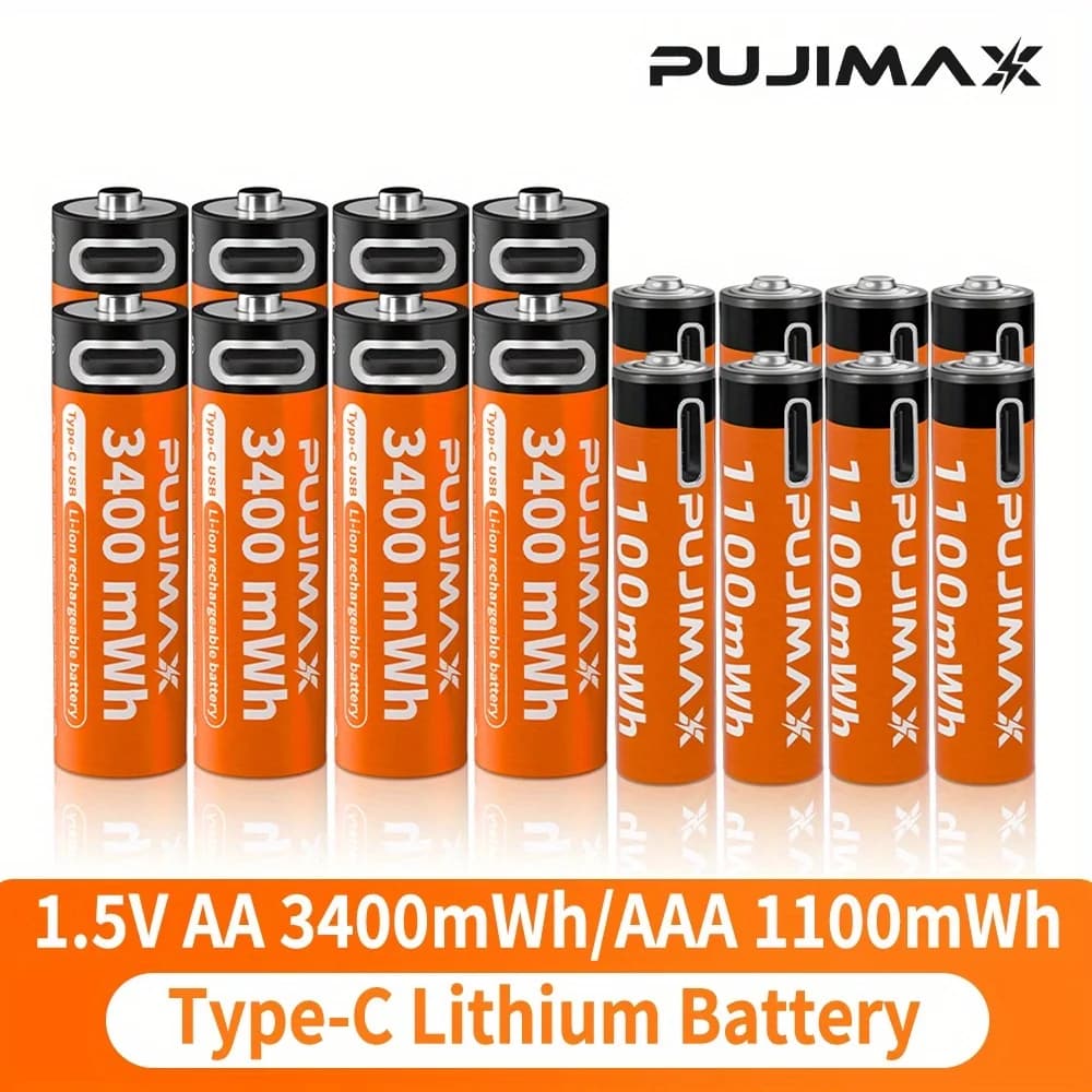 PUJIMAX 1.5V AA&AAA Rechargeable Lithium Battery 3400mWh/1100mWh, Type-C Port Charging Be Reused 1500 Times For Alarm Clocks