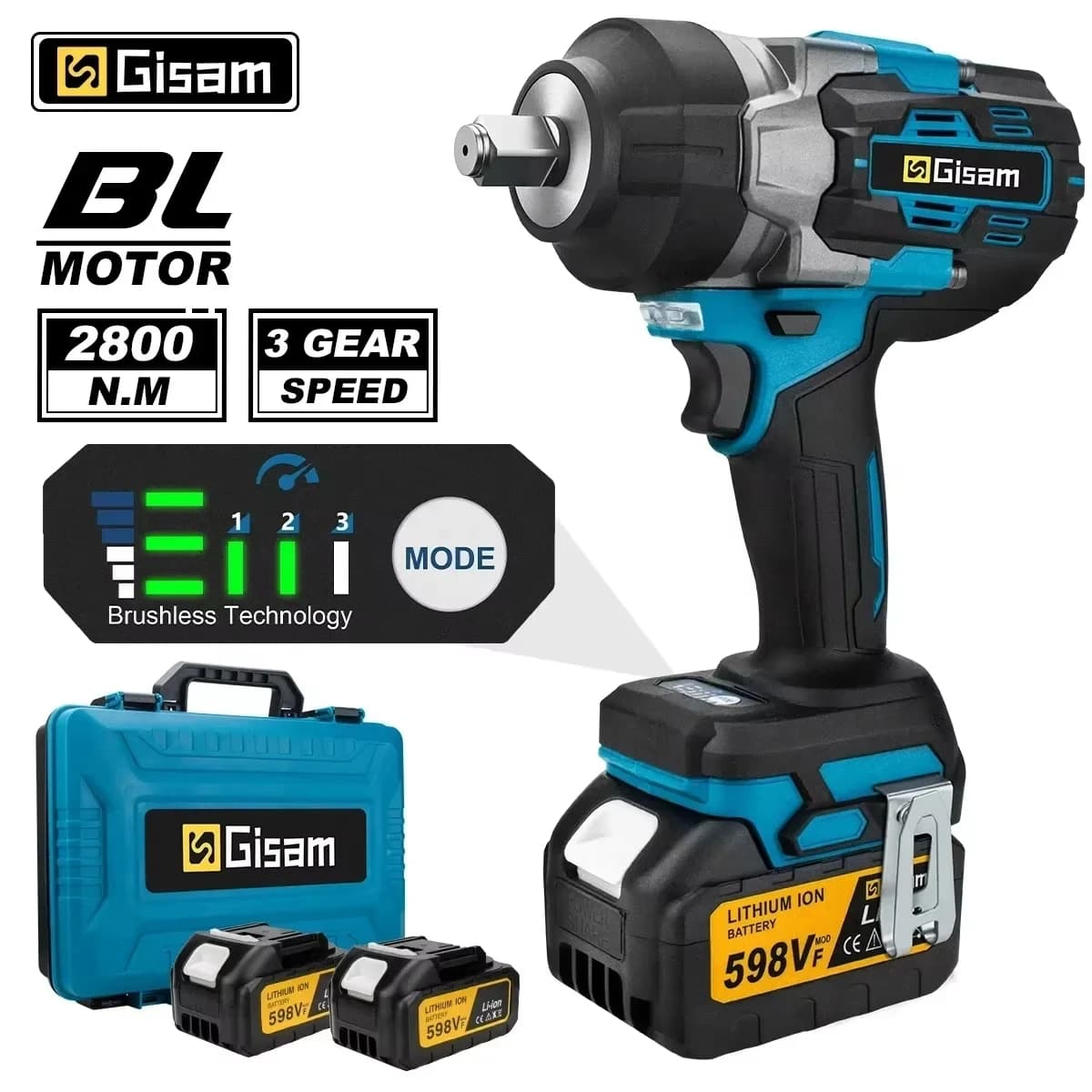 Gisam 2800N.M Brushless Electric Wrench 1/2 Inch Cordless Impact Wrench Electirc Screwdriver Drill For Makita 18V Battery Pin