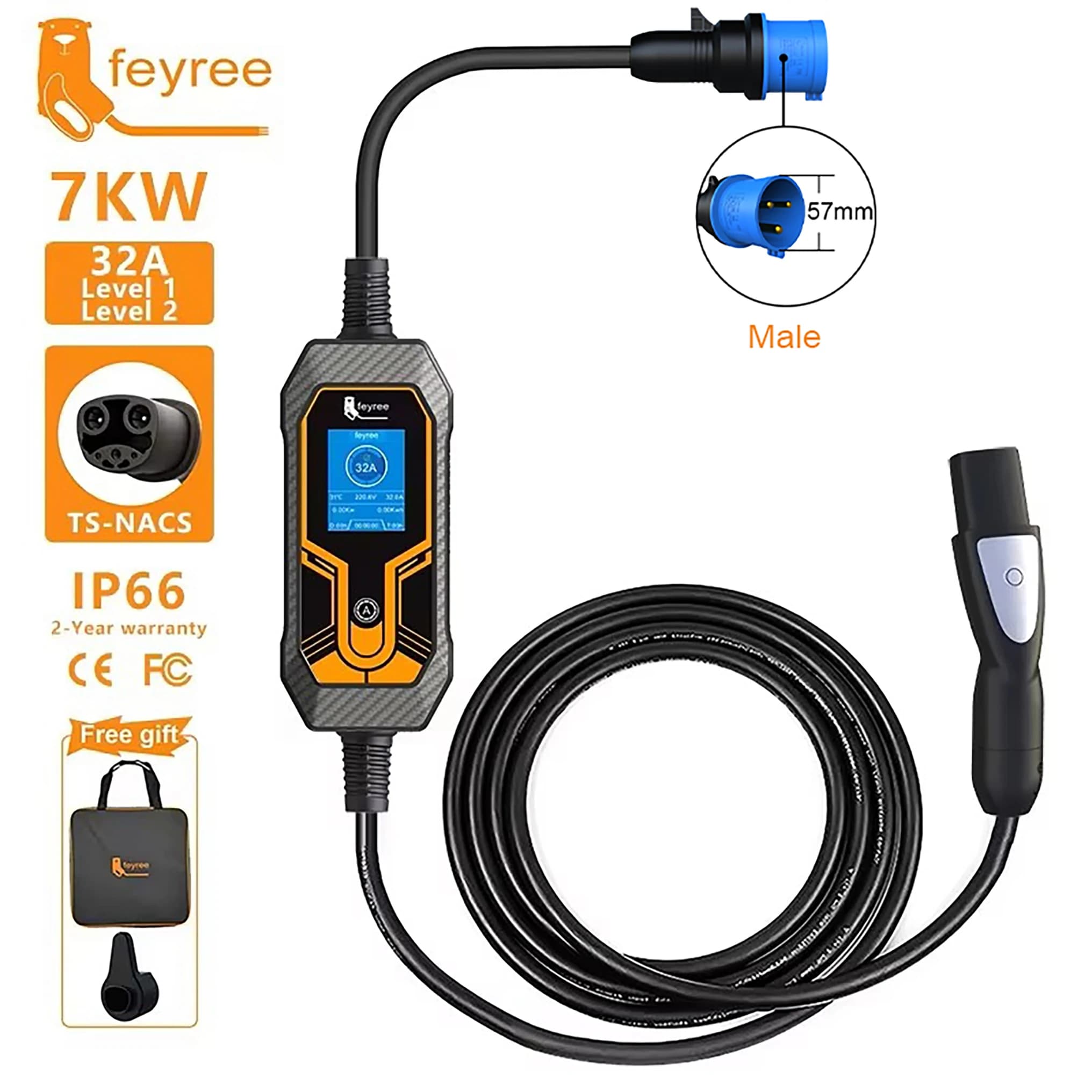 Feyree Portable EV Charger Wallbox Tesla 7KW 32A 1Phase Level 2 with 5m Cable Current Adjustable for All Tesla Models 3/Y/S/X