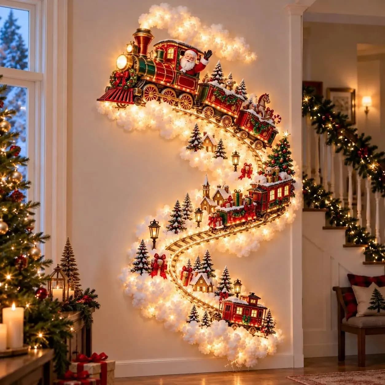Christmas Magic Trail Wall Light-LED Glowing Christmas Scene Wall Decoration,Santa Sleigh Reindeer Hanging Decoration for Party