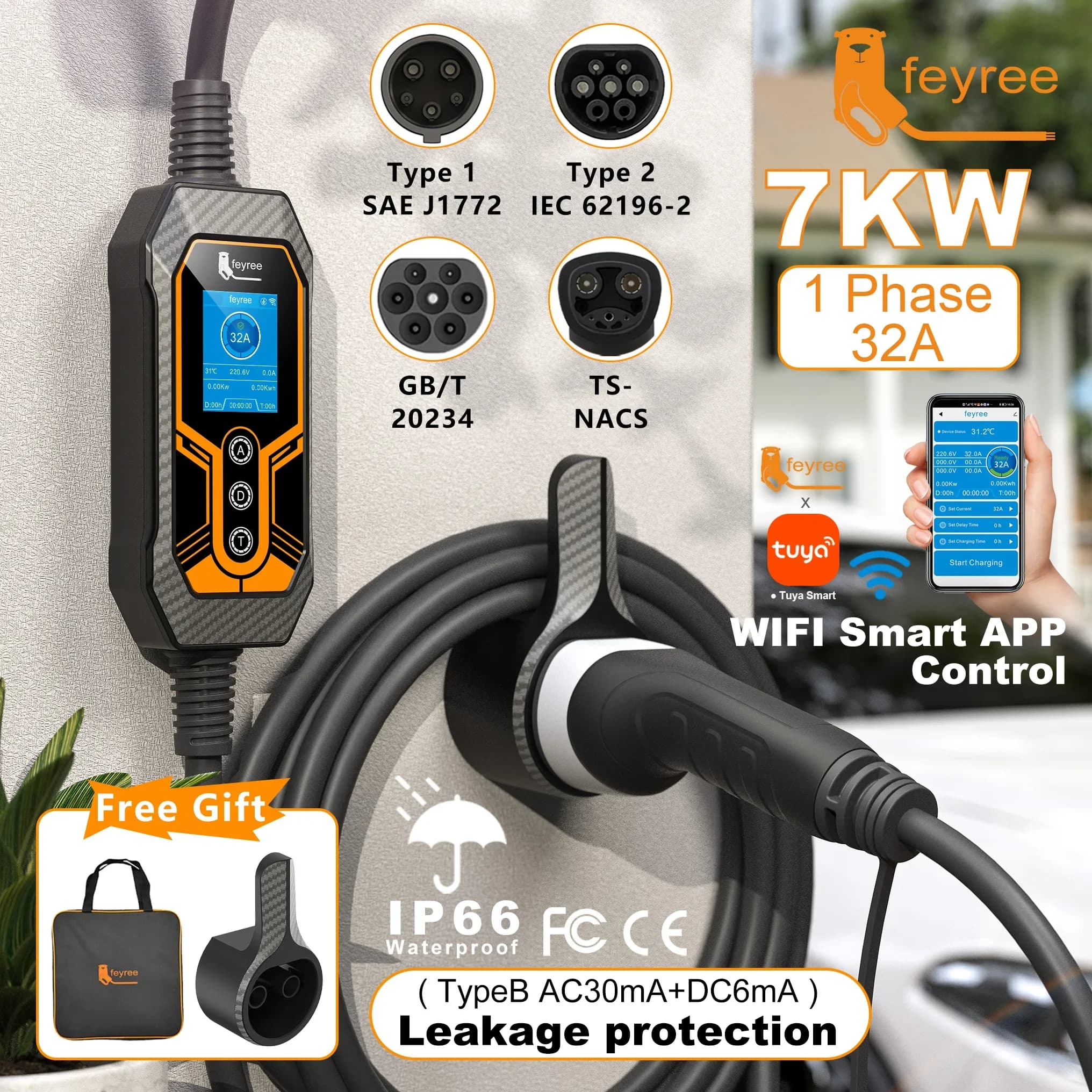 Feyree Type2 32A 7KW Single Phase Wi-Fi APP Control Type1 / GBT / TS-NACS Cord for Home & Outdoor