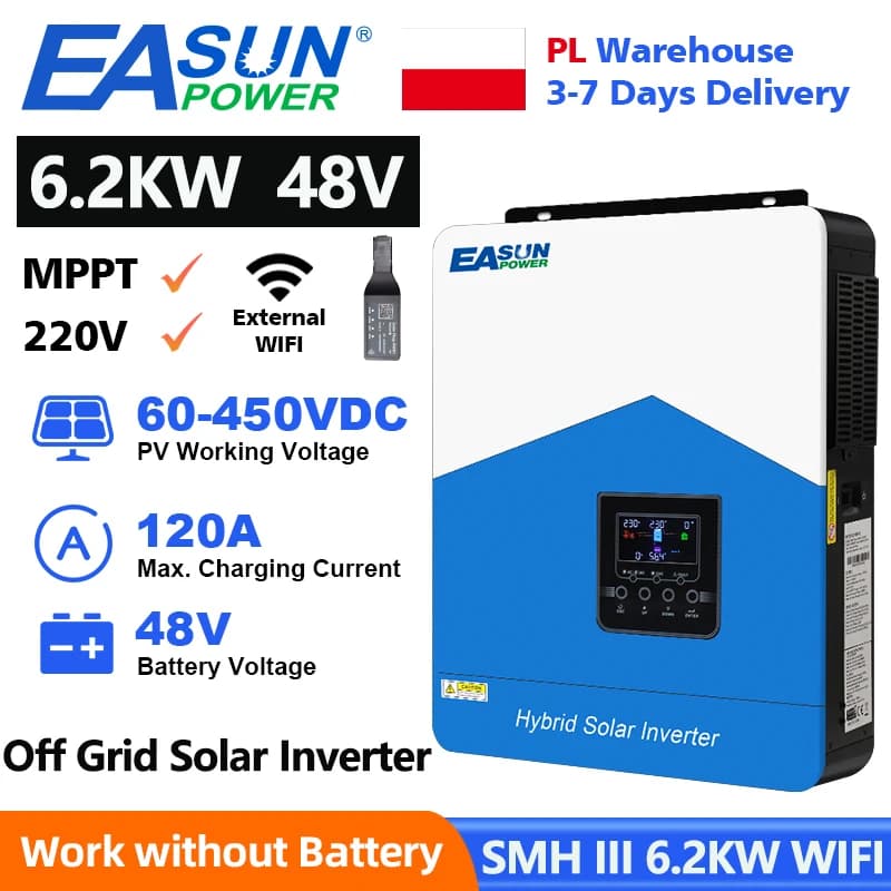 EASUN POWER 6.2KW Hybrid Solar Inverter 48V 220V Off Grid Pure Sine Wave Inverter 120A MPPT Solar Battery Charger With WIFI